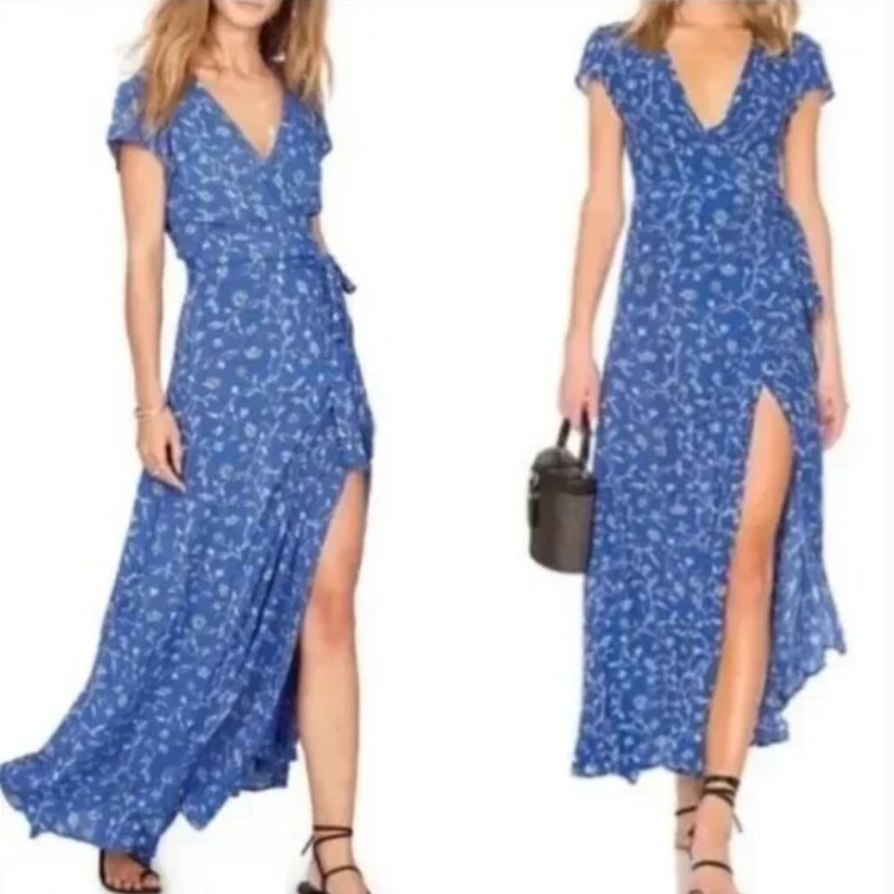Revolve Amuse Society Summer Safari blue coast floral maxi wrap cottage core Med - Picture 3 of 9